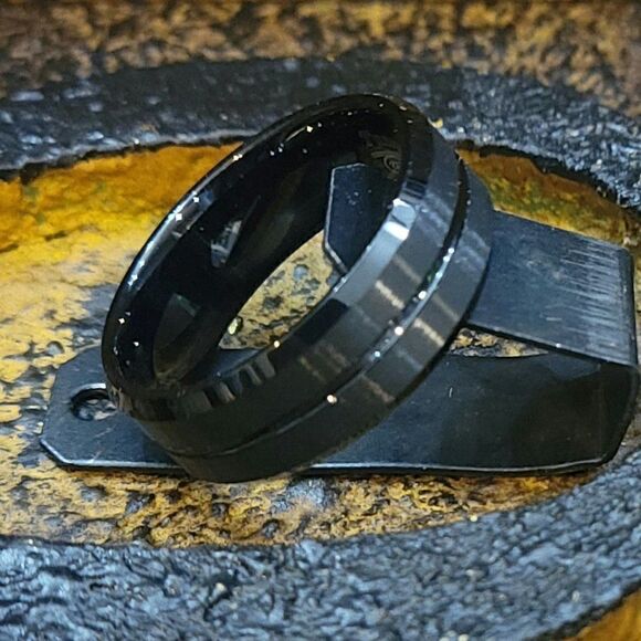 Personalized Men's Black Wedding Ring Band With a Black Center Groove Outer Band - Picture 7 of 8